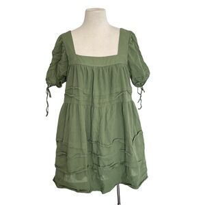 J. Crew Green Square Neck Tiered Puff Sleeve Mini Dress Size S Babydoll Coton